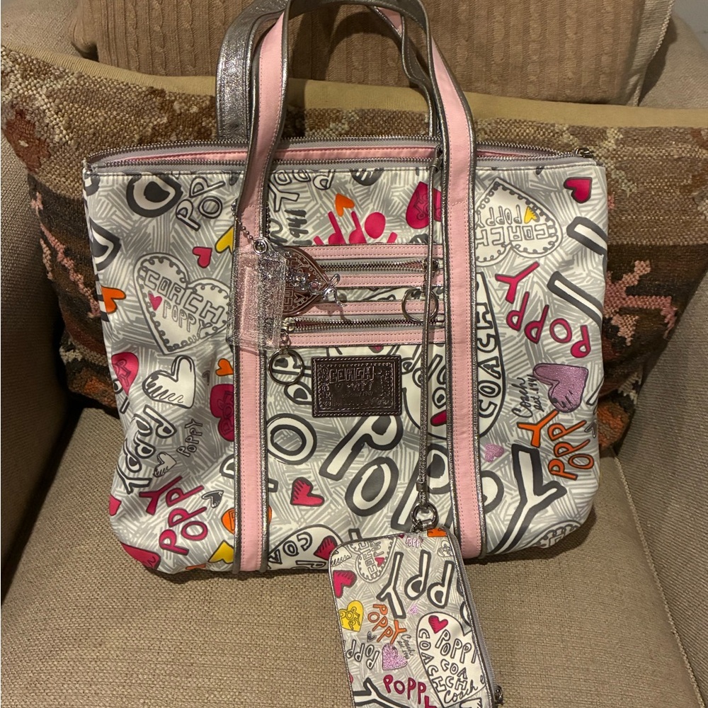 Coach Multicolor Graffiti Heart Tote with Pink Trim